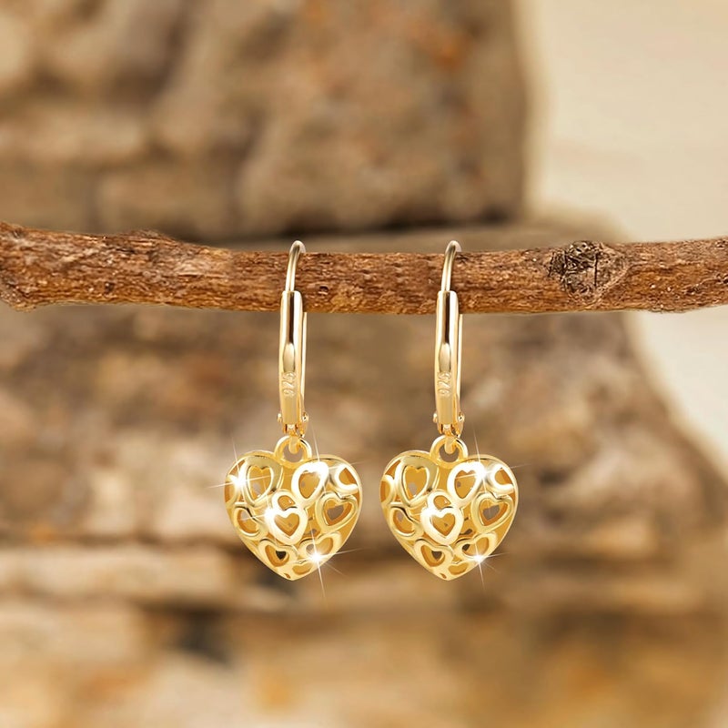 Lancharmed 925 Sterling Silver 14K Gold French Style Leverback Earrings, Heart Dangle Drop Earrings for Women Hypoallergenic Jewelry - Image 5